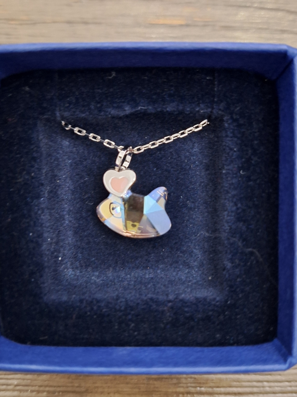 Swarovski Iridescent Crystal Duck Pendant Necklace with Pink Heart